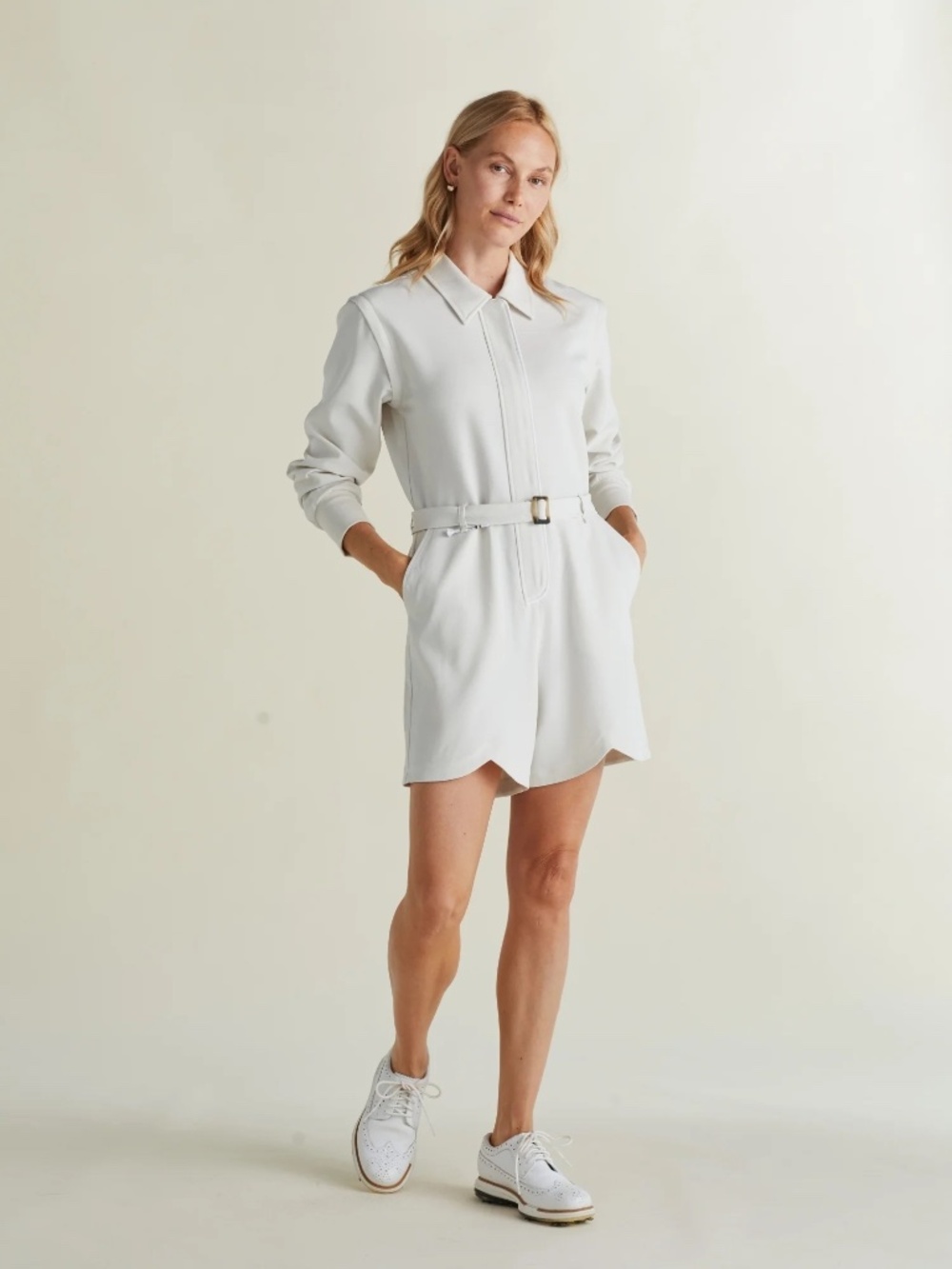 A. Putnam Sport Twill Romper Silver Burch with White Piping
